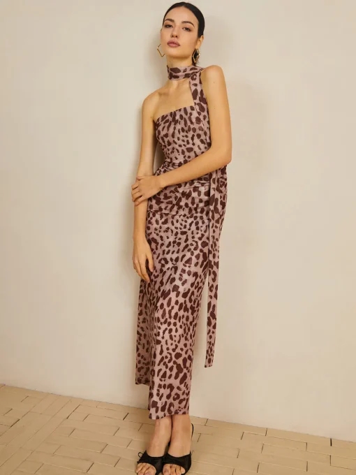 COMMENSE Casual Dresses|Summer Dresses^Leopard Print Mesh Halter Midi Dress LightBrown
