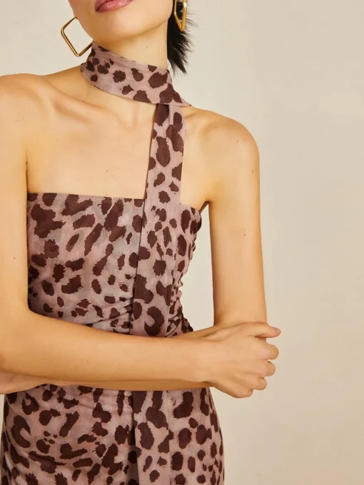 COMMENSE Casual Dresses|Summer Dresses^Leopard Print Mesh Halter Midi Dress LightBrown