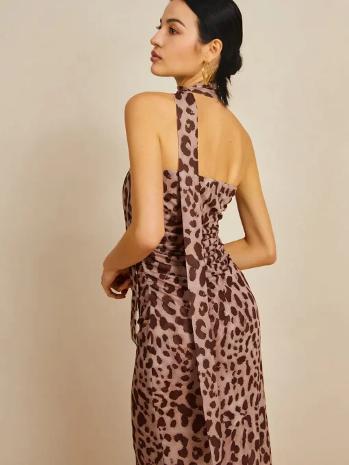 COMMENSE Casual Dresses|Summer Dresses^Leopard Print Mesh Halter Midi Dress LightBrown