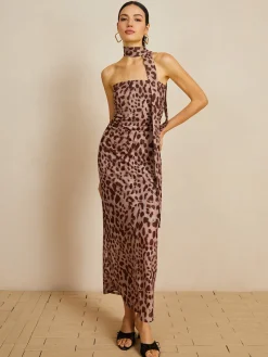 COMMENSE Casual Dresses|Summer Dresses^Leopard Print Mesh Halter Midi Dress LightBrown