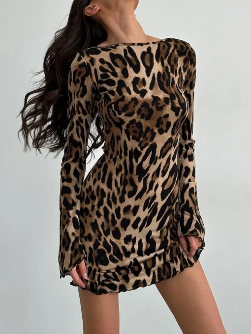 COMMENSE Casual Dresses|Short Dresses^Leopard Printed Open Back Tie Dress Khaki