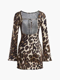 COMMENSE Casual Dresses|Short Dresses^Leopard Printed Open Back Tie Dress Khaki