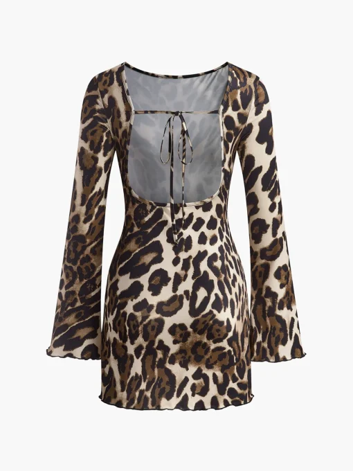 COMMENSE Casual Dresses|Short Dresses^Leopard Printed Open Back Tie Dress Khaki