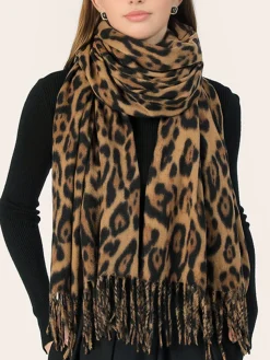 COMMENSE Accessories^Leopard Printed Tassel Warm Scarf Brown
