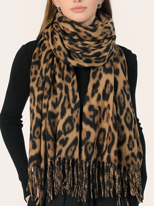 COMMENSE Accessories^Leopard Printed Tassel Warm Scarf Brown