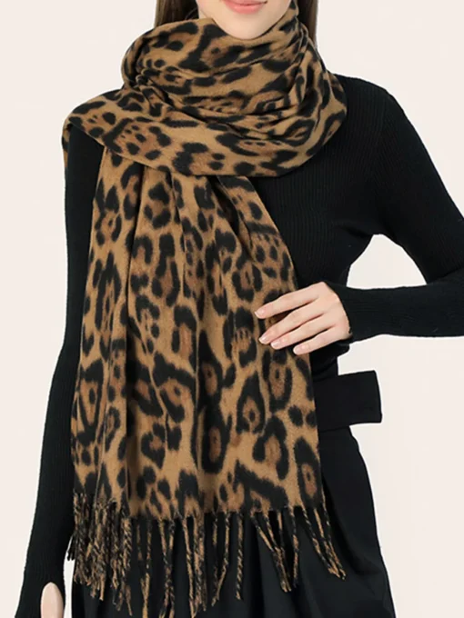 COMMENSE Accessories^Leopard Printed Tassel Warm Scarf Brown