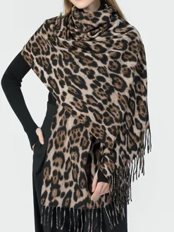 COMMENSE Accessories^Leopard Printed Tassel Warm Scarf Brown