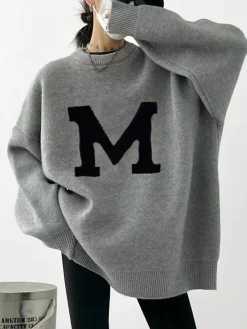 COMMENSE Sweater Tops|Sweaters & Cardigans^Letter Printed Loose Sweater Grey