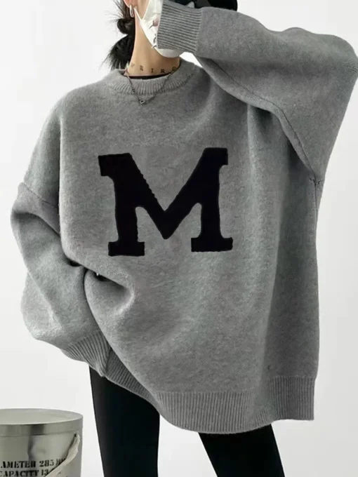 COMMENSE Sweater Tops|Sweaters & Cardigans^Letter Printed Loose Sweater Grey