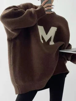 COMMENSE Sweater Tops|Sweaters & Cardigans^Letter Printed Loose Sweater Grey