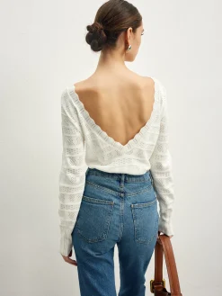 COMMENSE Sweater Tops|Sweaters & Cardigans^Lettuce Trim Backless Pointelle Knit Top White