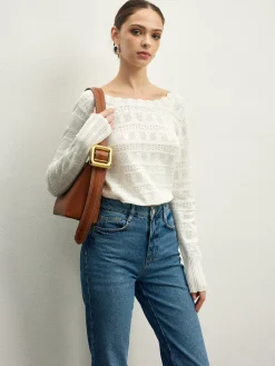 COMMENSE Sweater Tops|Sweaters & Cardigans^Lettuce Trim Backless Pointelle Knit Top White