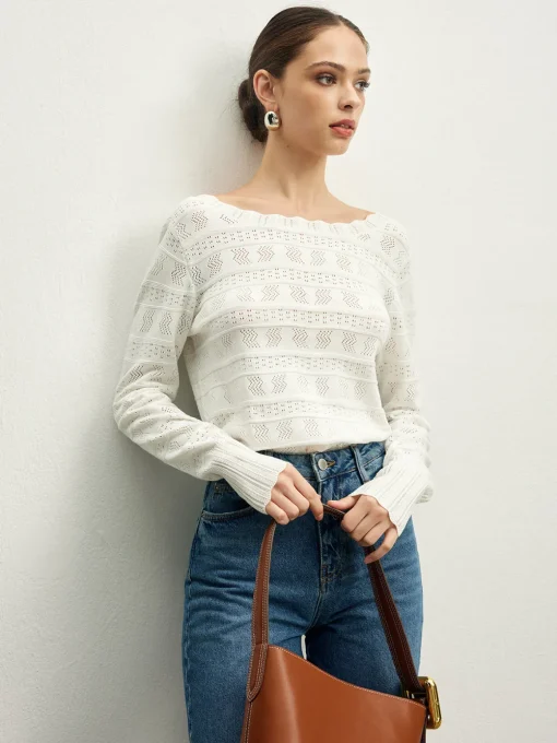 COMMENSE Sweater Tops|Sweaters & Cardigans^Lettuce Trim Backless Pointelle Knit Top White
