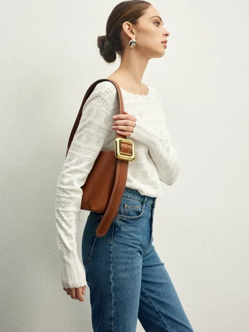 COMMENSE Sweater Tops|Sweaters & Cardigans^Lettuce Trim Backless Pointelle Knit Top White