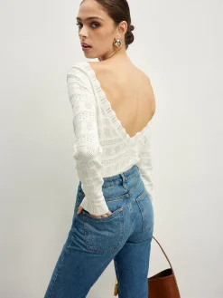 COMMENSE Sweater Tops|Sweaters & Cardigans^Lettuce Trim Backless Pointelle Knit Top White