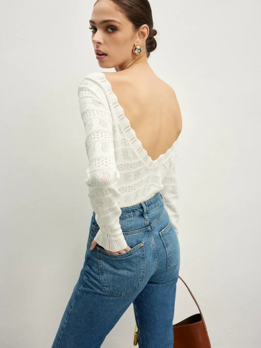 COMMENSE Sweater Tops|Sweaters & Cardigans^Lettuce Trim Backless Pointelle Knit Top White