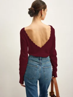 COMMENSE Sweater Tops|Sweaters & Cardigans^Lettuce Trim Backless Pointelle Knit Top White