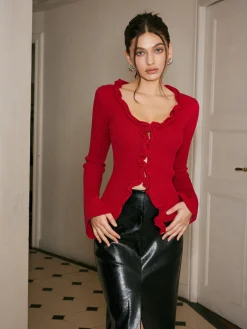 COMMENSE Sweater Tops|Sweaters & Cardigans^Lettuce Trim Bell Sleeve Slim Sweater Red
