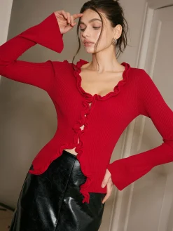 COMMENSE Sweater Tops|Sweaters & Cardigans^Lettuce Trim Bell Sleeve Slim Sweater Red