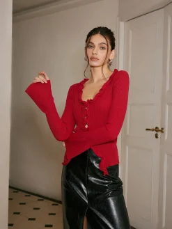 COMMENSE Sweater Tops|Sweaters & Cardigans^Lettuce Trim Bell Sleeve Slim Sweater Red