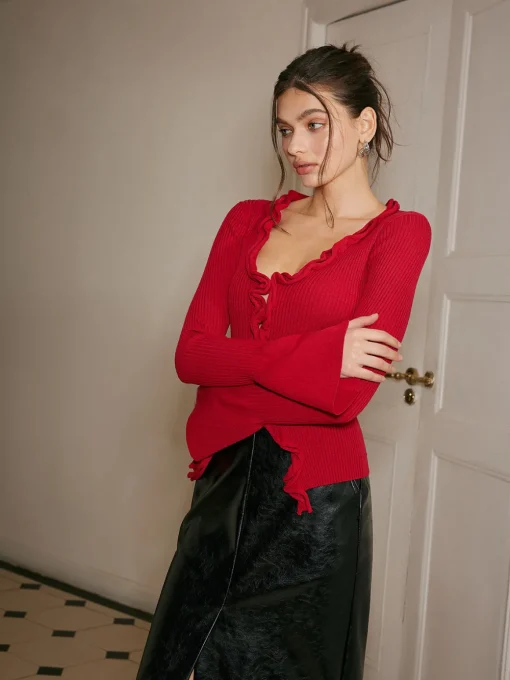 COMMENSE Sweater Tops|Sweaters & Cardigans^Lettuce Trim Bell Sleeve Slim Sweater Red