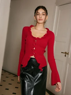COMMENSE Sweater Tops|Sweaters & Cardigans^Lettuce Trim Bell Sleeve Slim Sweater Red