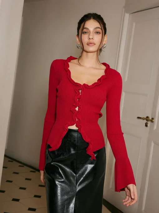COMMENSE Sweater Tops|Sweaters & Cardigans^Lettuce Trim Bell Sleeve Slim Sweater Red