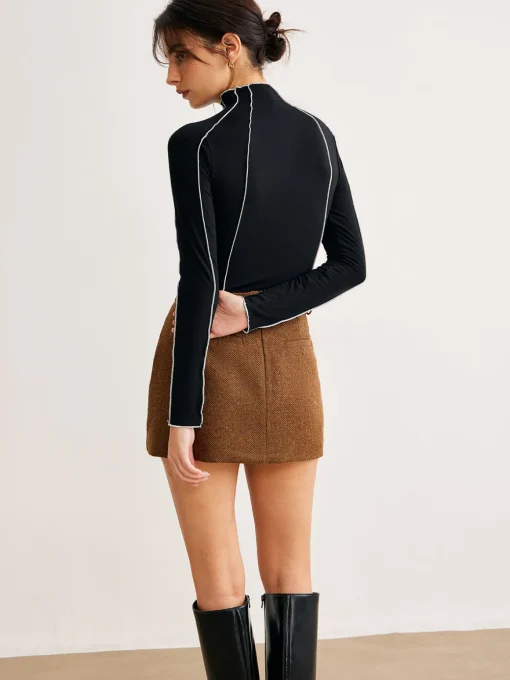 COMMENSE Blouses & Shirts|Tops^Lettuce Trim Contrast Piping Slim Blouse Black