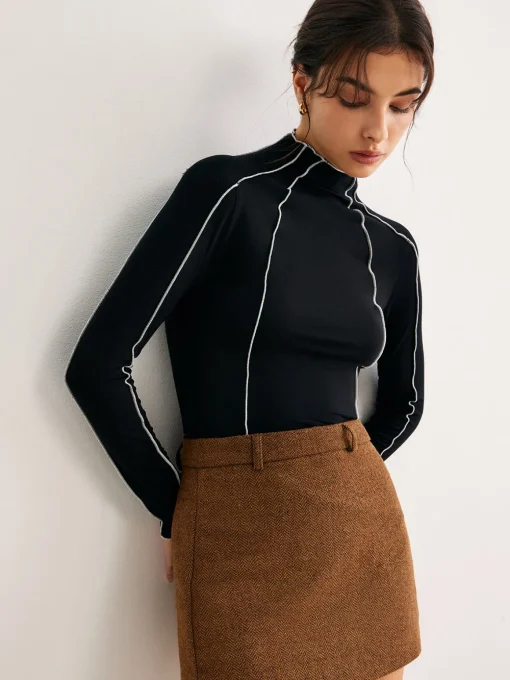 COMMENSE Blouses & Shirts|Tops^Lettuce Trim Contrast Piping Slim Blouse Black