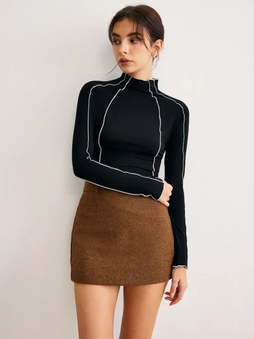 COMMENSE Blouses & Shirts|Tops^Lettuce Trim Contrast Piping Slim Blouse Black