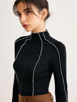 COMMENSE Blouses & Shirts|Tops^Lettuce Trim Contrast Piping Slim Blouse Black