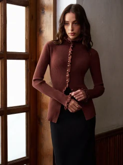 COMMENSE Knitwear|Tops^Lettuce Trim Metal-Button Split Cardigan DarkBrown