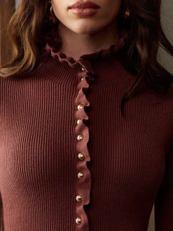 COMMENSE Knitwear|Tops^Lettuce Trim Metal-Button Split Cardigan DarkBrown