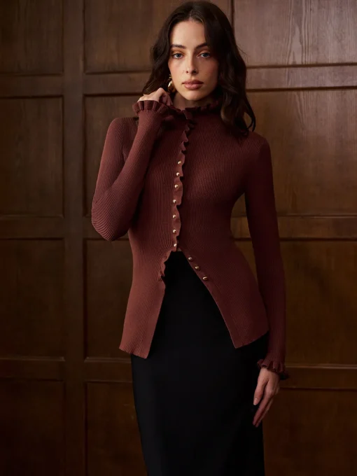COMMENSE Knitwear|Tops^Lettuce Trim Metal-Button Split Cardigan DarkBrown