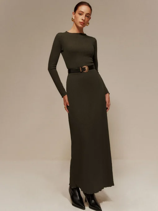 COMMENSE Sweater Dresses|Sweater Dresses^Lettuce Trim Sweater Long Dress Without Belt Green