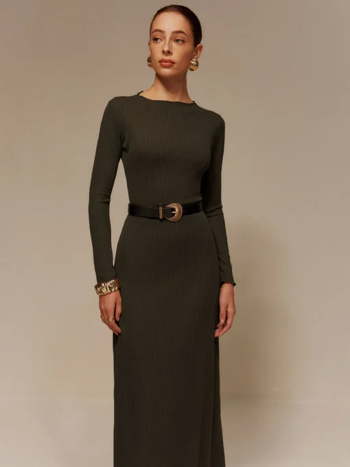 COMMENSE Sweater Dresses|Sweater Dresses^Lettuce Trim Sweater Long Dress Without Belt Green