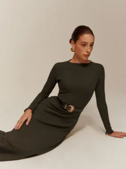 COMMENSE Sweater Dresses|Sweater Dresses^Lettuce Trim Sweater Long Dress Without Belt Green