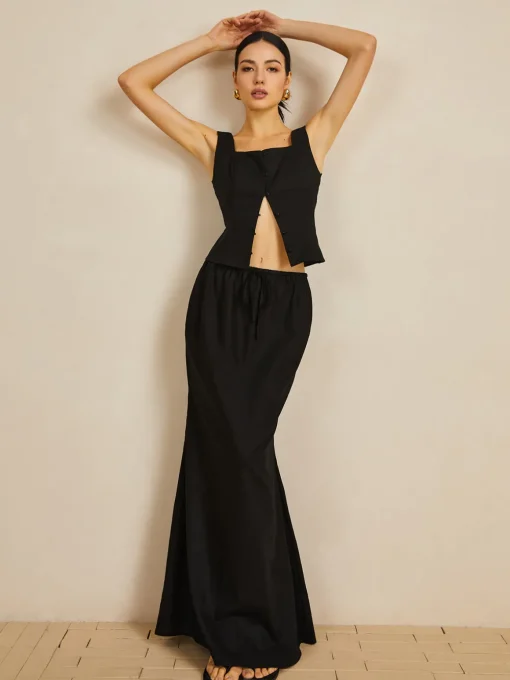COMMENSE Skirt Sets|Long Sleeve Sets^Linen & Cotton Button Skirt Set Black