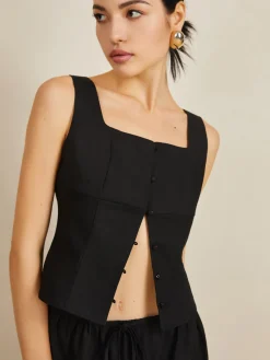 COMMENSE Skirt Sets|Long Sleeve Sets^Linen & Cotton Button Skirt Set Black