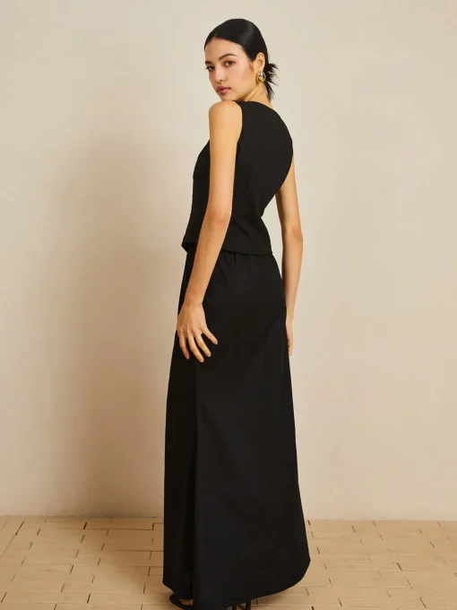 COMMENSE Skirt Sets|Long Sleeve Sets^Linen & Cotton Button Skirt Set Black
