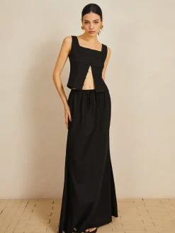 COMMENSE Skirt Sets|Long Sleeve Sets^Linen & Cotton Button Skirt Set Black