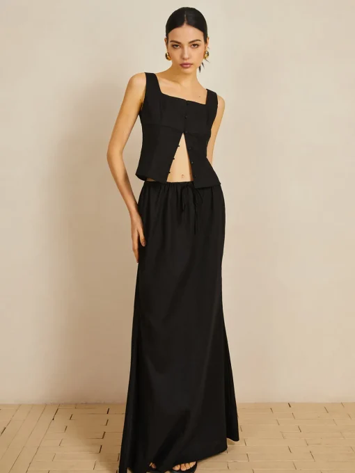 COMMENSE Skirt Sets|Long Sleeve Sets^Linen & Cotton Button Skirt Set Black
