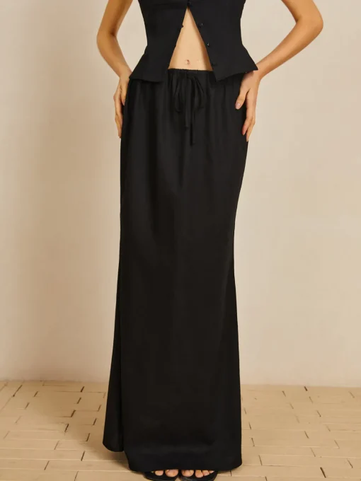 COMMENSE Skirt Sets|Long Sleeve Sets^Linen & Cotton Button Skirt Set Black