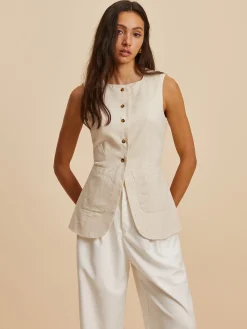 COMMENSE Outerwear|Vests^Linen Blend Pockets Vest Khaki
