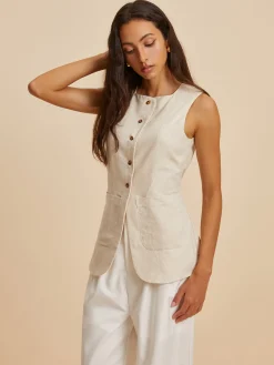 COMMENSE Outerwear|Vests^Linen Blend Pockets Vest Khaki