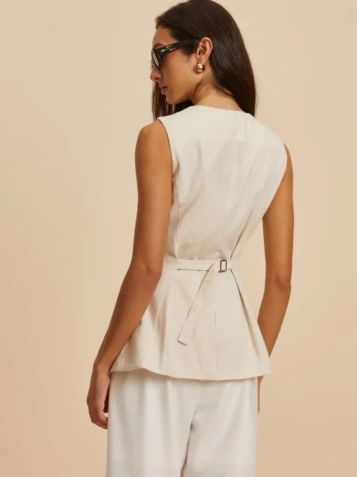 COMMENSE Outerwear|Vests^Linen Blend Pockets Vest Khaki