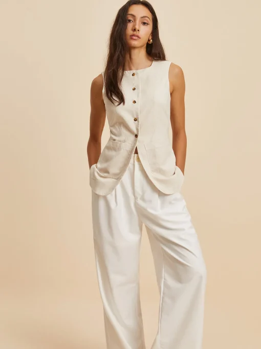 COMMENSE Outerwear|Vests^Linen Blend Pockets Vest Khaki