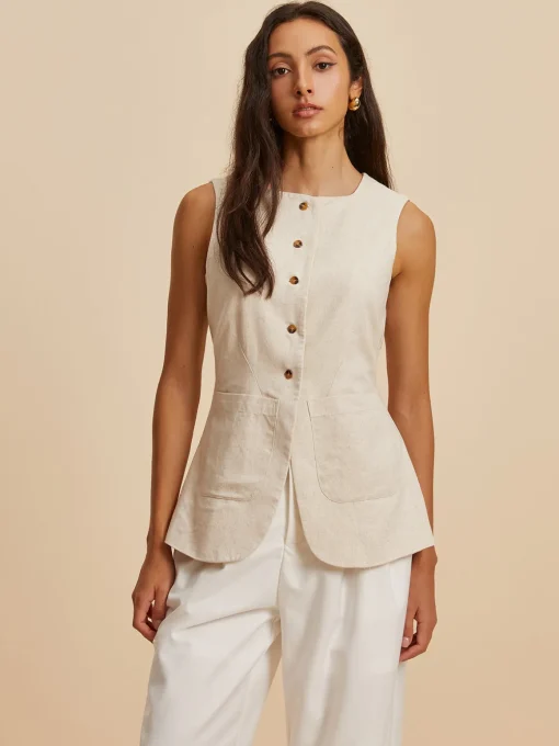 COMMENSE Outerwear|Vests^Linen Blend Pockets Vest Khaki