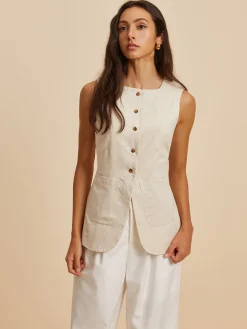 COMMENSE Outerwear|Vests^Linen Blend Pockets Vest Khaki
