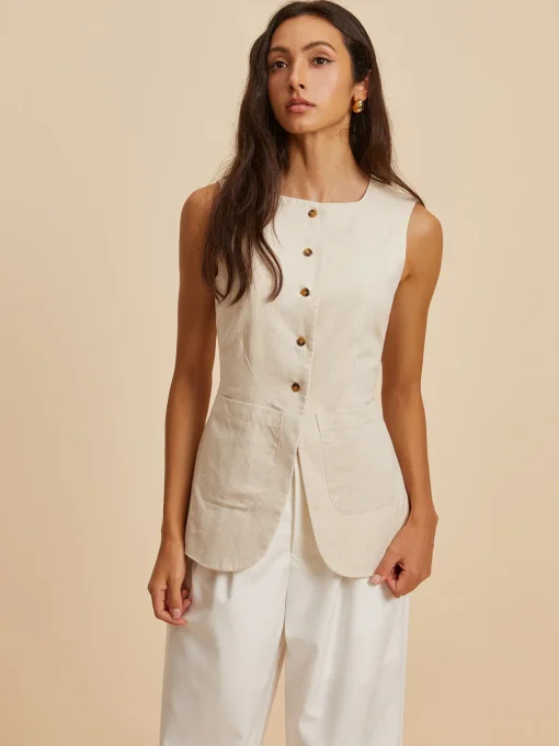 COMMENSE Outerwear|Vests^Linen Blend Pockets Vest Khaki